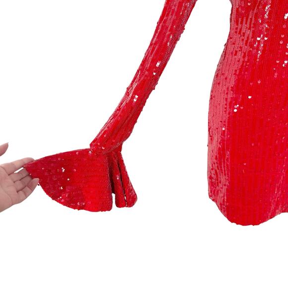 NWT ROTATE Birger Christensen Sequins Long Sleeve Mini Dress Red Cocktail Size 4 - Picture 5 of 16